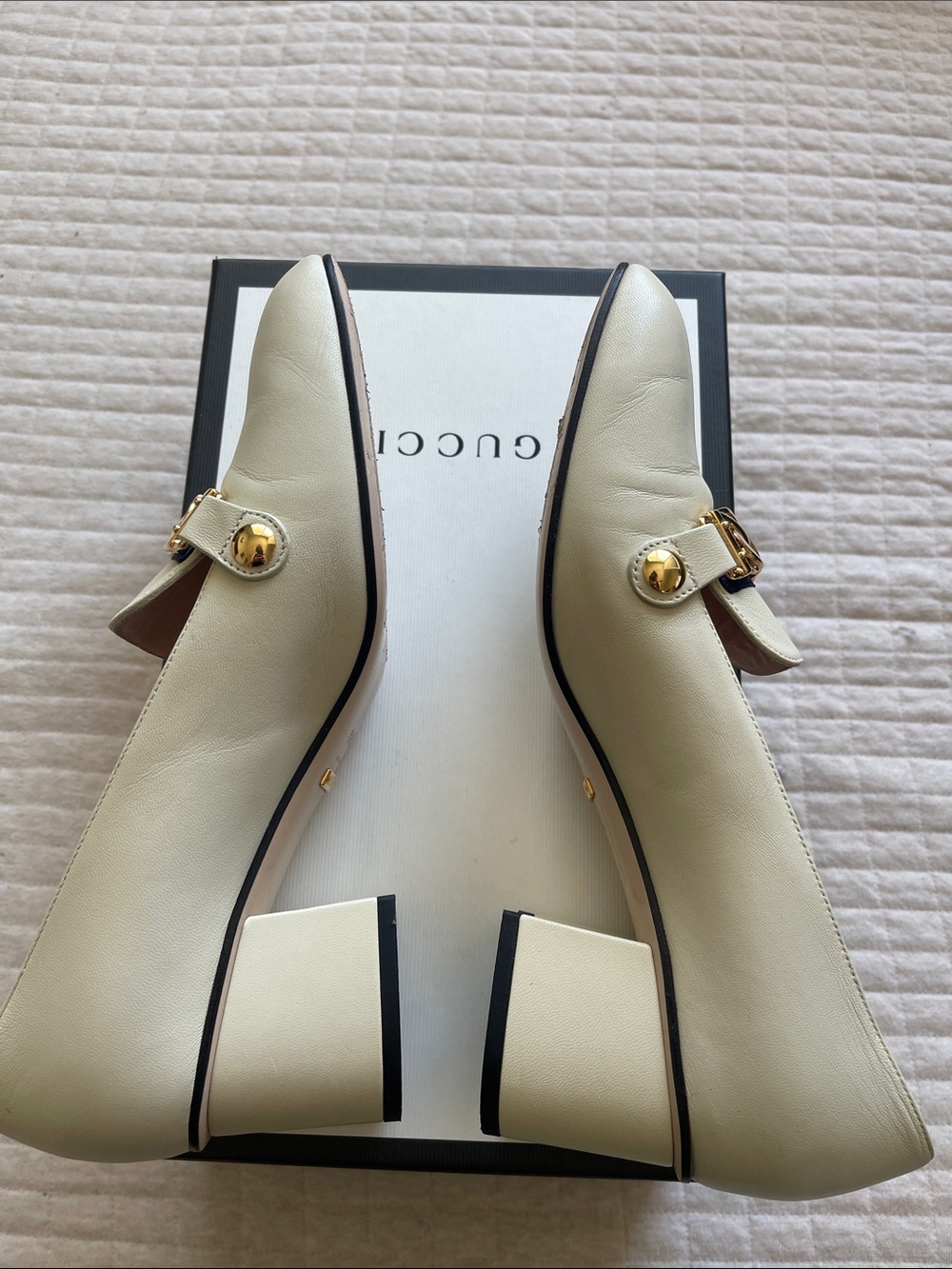 Gucci Ivory Leather Chain-Trim Block Heel Loafers - Picture 3 of 8